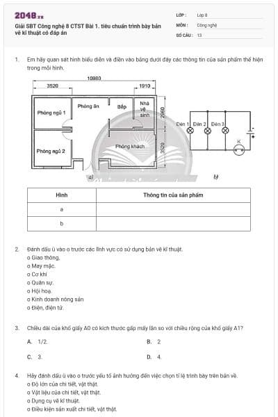 Giải SBT Công nghệ 8 CTST Bài 1. tiêu chuẩn trình bày bản vẽ kĩ thuật có đáp án