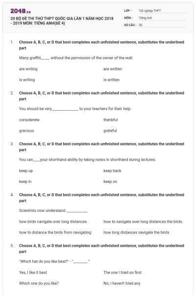 20 BỘ ĐỀ THI THỬ THPT QUỐC GIA LẦN 1 NĂM HỌC 2018 - 2019 MÔN: TIẾNG ANH(ĐỀ 4)