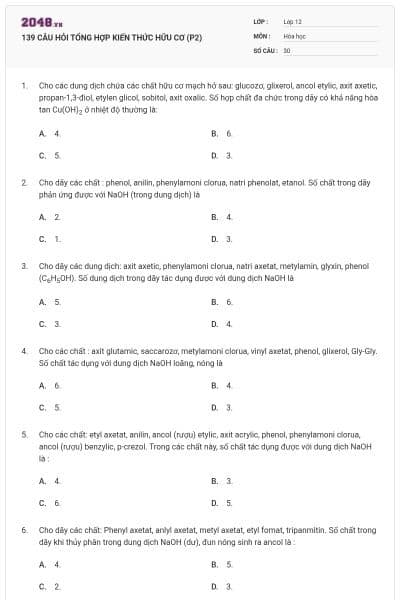 139 CÂU HỎI TỔNG HỢP KIẾN THỨC HỮU CƠ (P2)