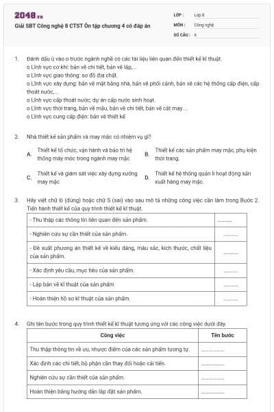 Giải SBT Công nghệ 8 CTST Ôn tập chương 4 có đáp án
