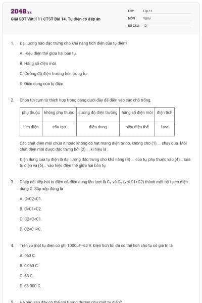 Giải SBT Vật lí 11 CTST Bài 14. Tụ điện có đáp án