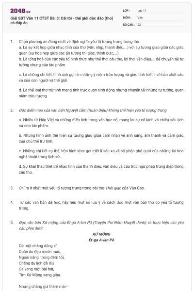 Giải SBT Văn 11 CTST Bài 8: Cái tôi - thế giới độc đáo (thơ) có đáp án