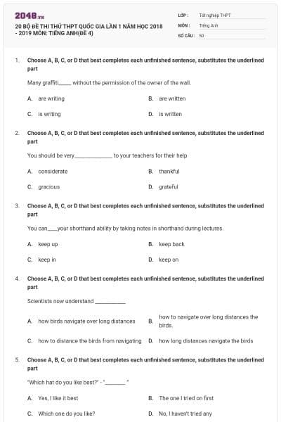 20 BỘ ĐỀ THI THỬ THPT QUỐC GIA LẦN 1 NĂM HỌC 2018 - 2019 MÔN: TIẾNG ANH(ĐỀ 4)