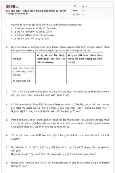 Giải SBT Văn 11 CTST Bài 9: Những chân trời kí ức (truyện - truyện kí) có đáp án