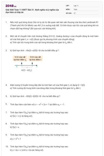 Giải SGK Toán 11 KNTT Bài 31. Định nghĩa và ý nghĩa của đạo hàm có đáp án