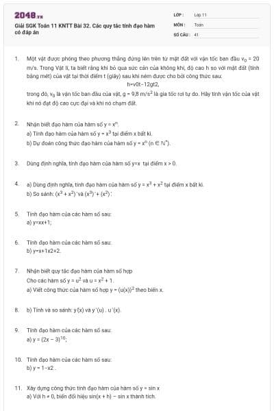 Giải SGK Toán 11 KNTT Bài 32. Các quy tắc tính đạo hàm có đáp án