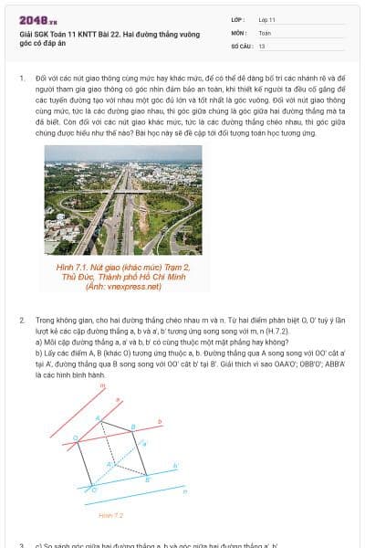 Giải SGK Toán 11 KNTT Bài 22. Hai đường thẳng vuông góc có đáp án