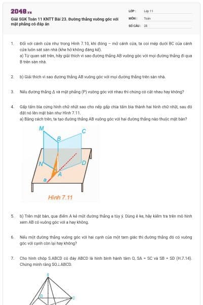 Giải SGK Toán 11 KNTT Bài 23. Đường thẳng vuông góc với mặt phẳng có đáp án