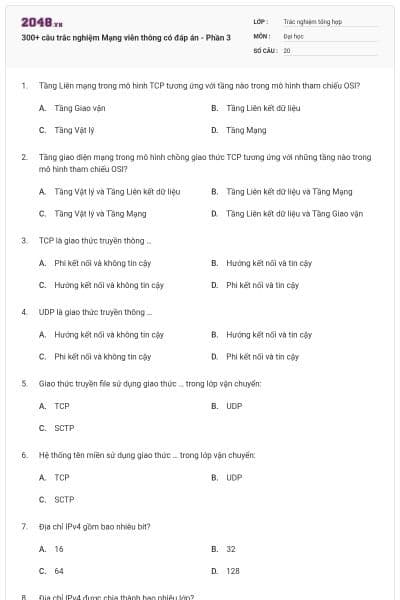 300+ câu trắc nghiệm Mạng viễn thông có đáp án - Phần 3