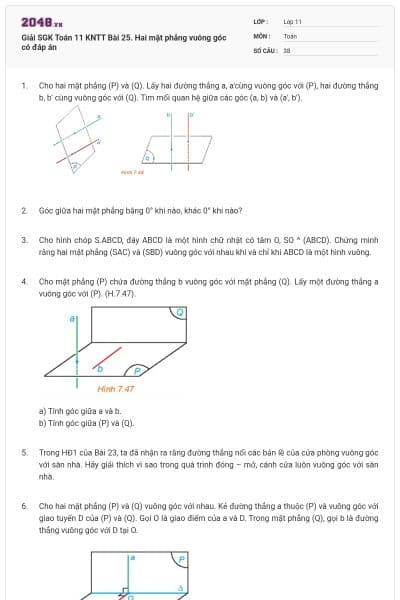Giải SGK Toán 11 KNTT Bài 25. Hai mặt phẳng vuông góc có đáp án