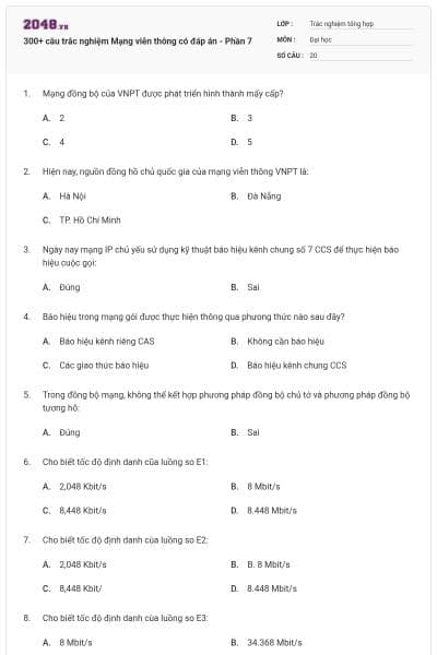300+ câu trắc nghiệm Mạng viễn thông có đáp án - Phần 7