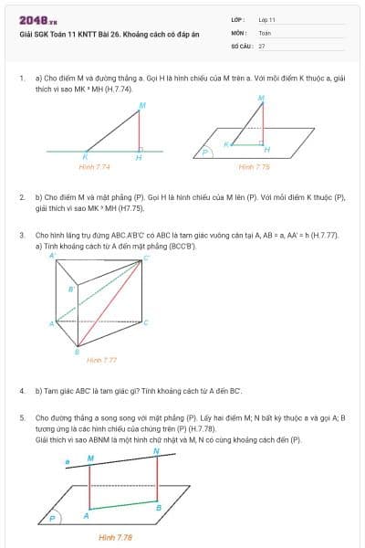 Giải SGK Toán 11 KNTT Bài 26. Khoảng cách có đáp án