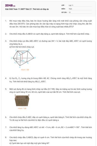 Giải SGK Toán 11 KNTT Bài 27. Thể tích có đáp án