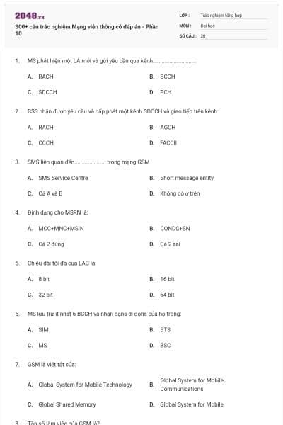 300+ câu trắc nghiệm Mạng viễn thông có đáp án - Phần 10