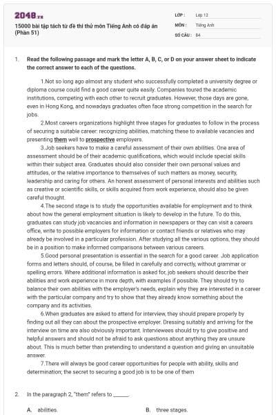15000 bài tập tách từ đề thi thử môn Tiếng Anh có đáp án (Phần 51)