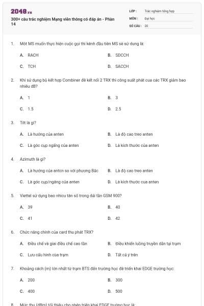 300+ câu trắc nghiệm Mạng viễn thông có đáp án - Phần 14