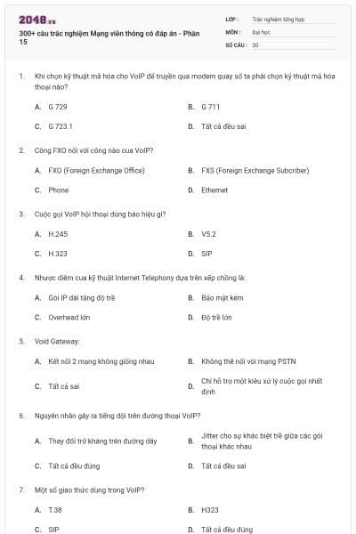 300+ câu trắc nghiệm Mạng viễn thông có đáp án - Phần 15