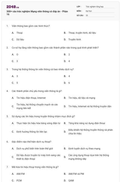 300+ câu trắc nghiệm Mạng viễn thông có đáp án - Phần 16