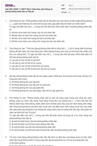 Giải SBT GDQP 11 KNTT Bài 5: Kiến thức phổ thông về phòng không nhân dân có đáp án