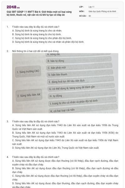 Giải SBT GDQP 11 KNTT Bài 6: Giới thiệu một số loại súng bộ binh, thuốc nổ, vật cản và vũ khí tự tạo có đáp án