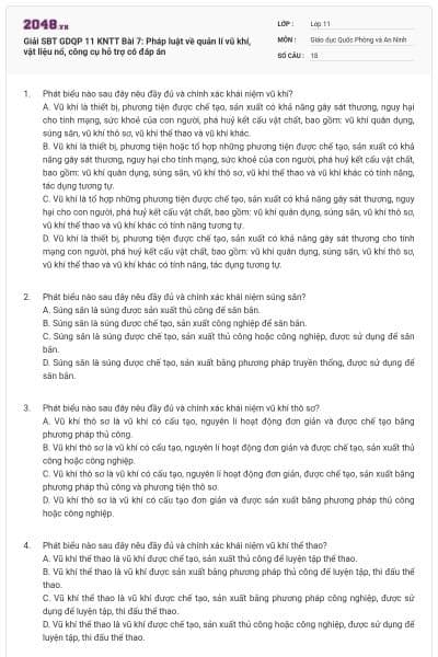 Giải SBT GDQP 11 KNTT Bài 7: Pháp luật về quản lí vũ khí, vật liệu nổ, công cụ hỗ trợ có đáp án