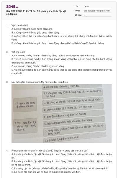 Giải SBT GDQP 11 KNTT Bài 8: Lợi dụng địa hình, địa vật có đáp án