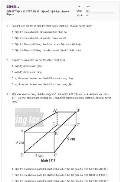 Giải SBT Vật lí 11 CTST Bài 17. Điện trở. Định luật ohm có đáp án