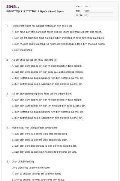 Giải SBT Vật lí 11 CTST Bài 18. Nguồn điện có đáp án