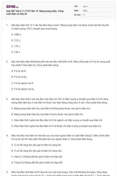 Giải SBT Vật lí 11 CTST Bài 19. Năng lượng điện. Công suất điện có đáp án