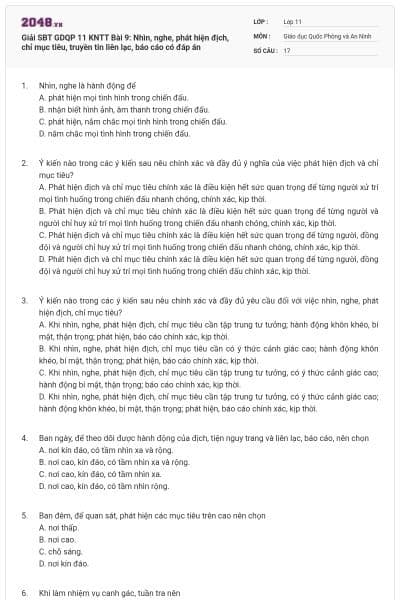 Giải SBT GDQP 11 KNTT Bài 9: Nhìn, nghe, phát hiện địch, chỉ mục tiêu, truyền tin liên lạc, báo cáo có đáp án