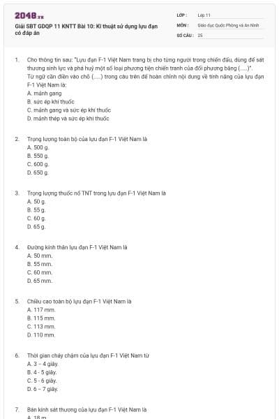 Giải SBT GDQP 11 KNTT Bài 10: Kĩ thuật sử dụng lựu đạn có đáp án