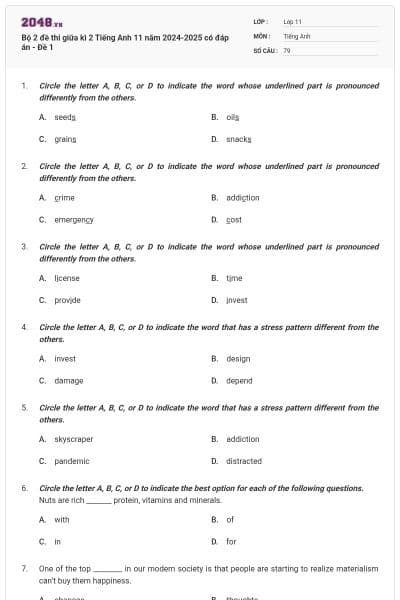 Bộ 2 đề thi giữa kì 2 Tiếng Anh 11 năm 2024-2025 có đáp án - Đề 1