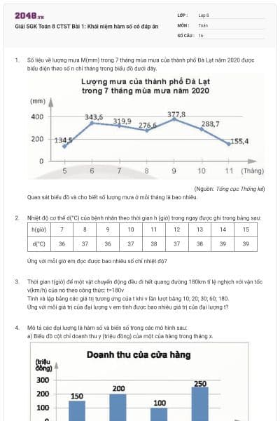 Giải SGK Toán 8 CTST Bài 1: Khái niệm hàm số có đáp án