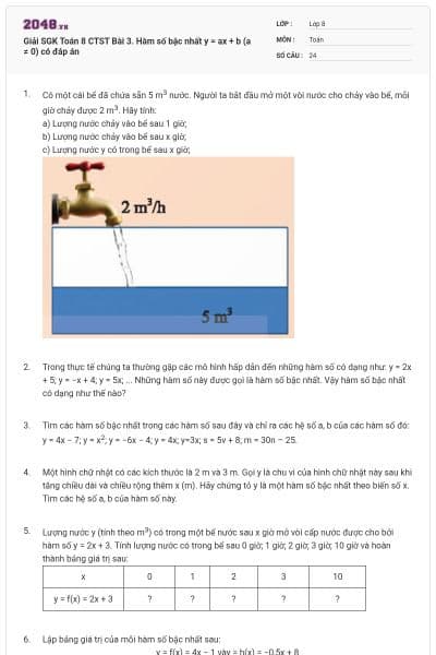 Giải SGK Toán 8 CTST Bài 3. Hàm số bậc nhất y = ax + b (a ≠ 0) có đáp án