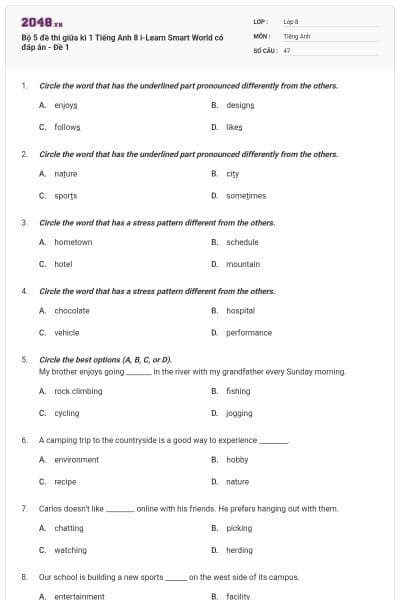 Bộ 5 đề thi giữa kì 1 Tiếng Anh 8 i-Learn Smart World có đáp án - Đề 1