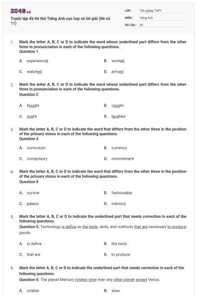 Tuyển tập đề thi thử Tiếng Anh cực hay có lời giải (Đề số 11)