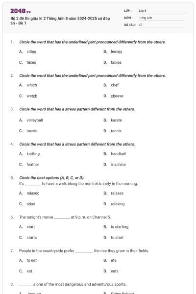 Bộ 2 đề thi giữa kì 2 Tiếng Anh 8 năm 2024-2025 có đáp án - Đề 1