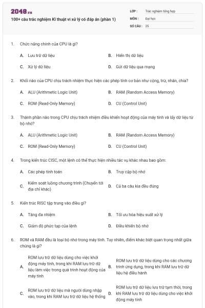 100+ câu trắc nghiệm Kĩ thuật vi xử lý có đáp án (phần 1)