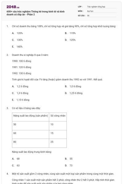 600+ câu trắc nghiệm Thống kê trong kinh tế và kinh doanh có đáp án - Phần 2