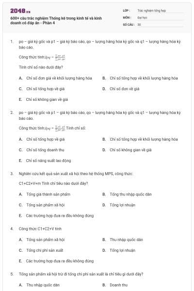 600+ câu trắc nghiệm Thống kê trong kinh tế và kinh doanh có đáp án - Phần 4