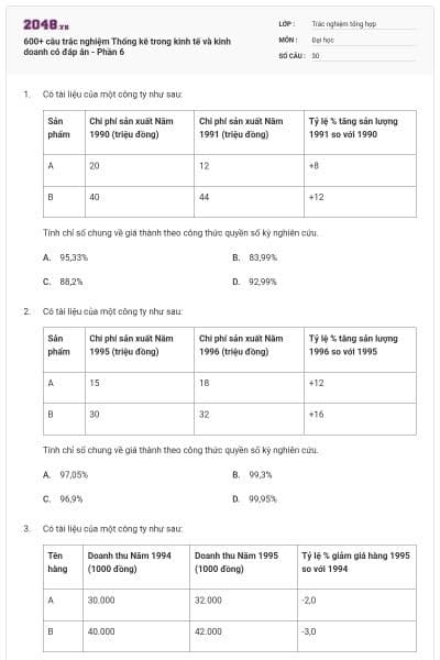 600+ câu trắc nghiệm Thống kê trong kinh tế và kinh doanh có đáp án - Phần 6