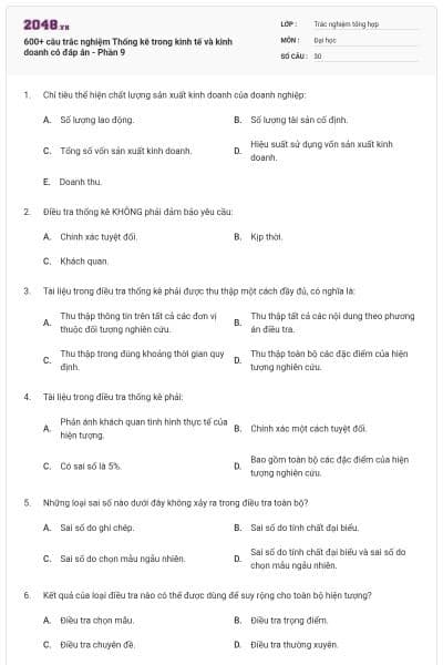 600+ câu trắc nghiệm Thống kê trong kinh tế và kinh doanh có đáp án - Phần 9