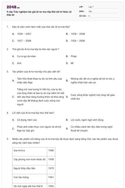 9 câu Trắc nghiệm tác giả Ai-tơ-ma-tốp Kết nối tri thức có đáp án