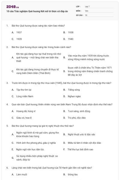 10 câu Trắc nghiệm Quê hương Kết nối tri thức có đáp án