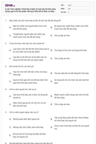 6 câu Trắc nghiệm Trình bày ý kiến về một vấn đề đời sống (được gợi ra từ tác phẩm văn học) Kết nối tri thức có đáp án