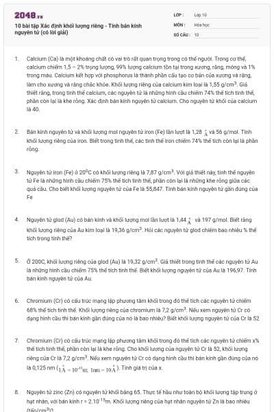 10 bài tập Xác định khối lượng riêng - Tính bán kính nguyên tử (có lời giải)