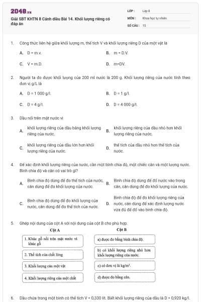 Giải SBT KHTN 8 Cánh diều Bài 14. Khối lượng riêng có đáp án