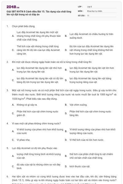 Giải SBT KHTN 8 Cánh diều Bài 15. Tác dụng của chất lỏng lên vật đặt trong nó có đáp án