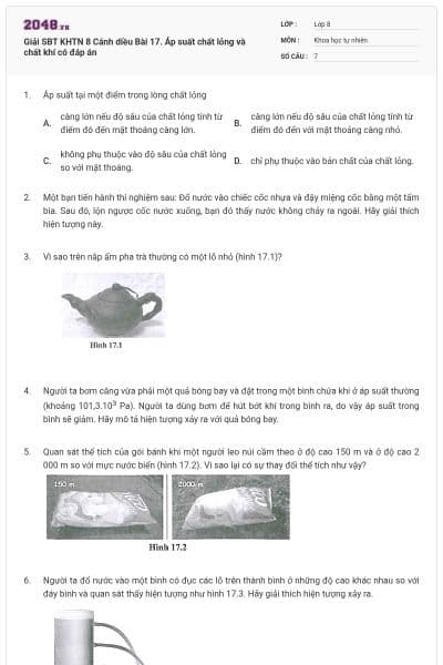 Giải SBT KHTN 8 Cánh diều Bài 17. Áp suất chất lỏng và chất khí có đáp án