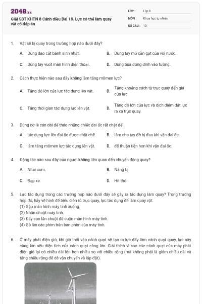 Giải SBT KHTN 8 Cánh diều Bài 18. Lực có thể làm quay vật có đáp án